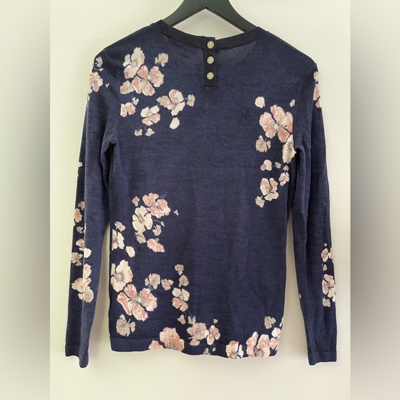 Tory Burch Floral 100% Merino Wool Sweater/Blouse In Navy Blue Size S - Picture 5 of 10
